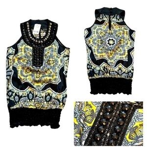 Le Chateau Beautiful Yellow and Black Gemstone Embellished Sleeveless Blouse Top